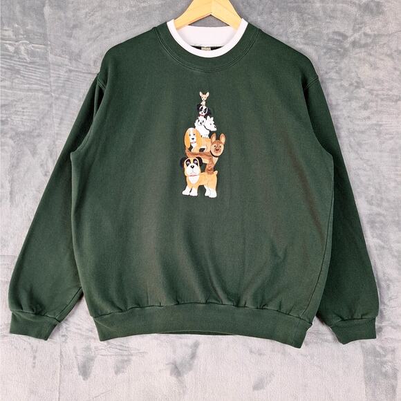 Womens Sweatshirt Large Fleece Dogs Granny Cottagecore Casual Embroidered Green - Picture 1 of 7